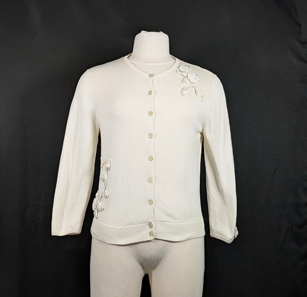 Vintage Y2K Cardigan Sweater Cream Floral Anthropologie HWR Women's Size XL